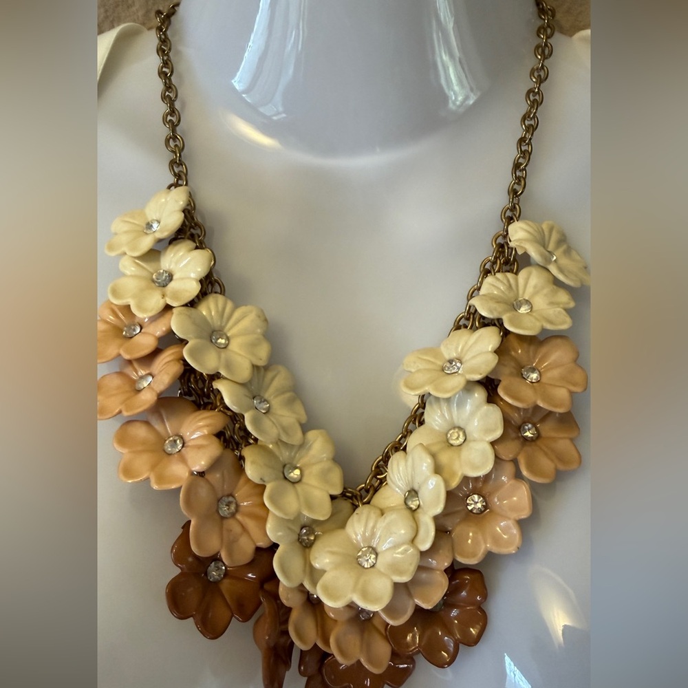 Vintage costume,flower Bud necklace with rhinestones, brown /beige tones.